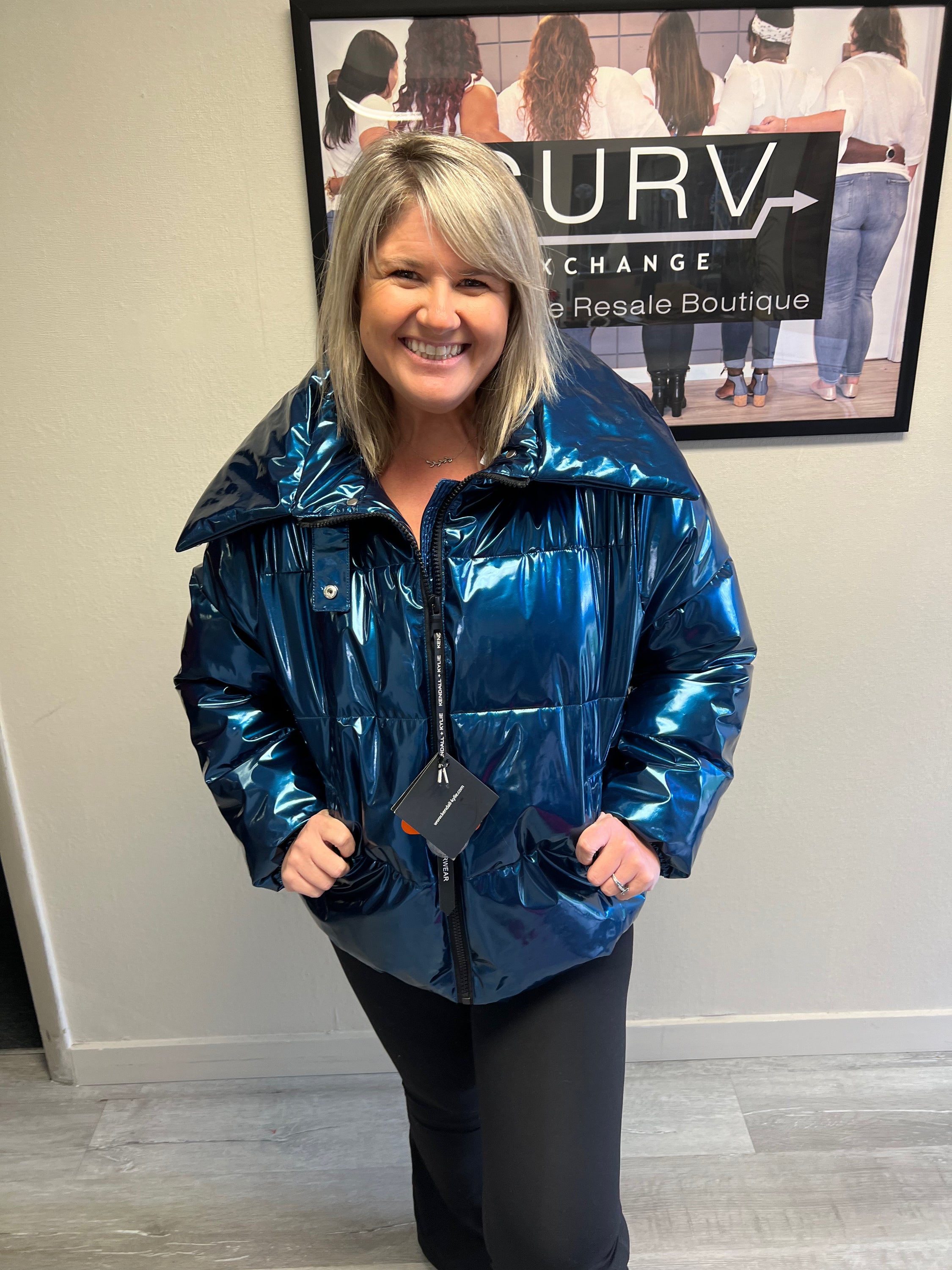 Metallic blue puffer jacket clearance
